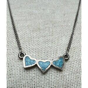 Turquoise Inlay Triple Heart Silver Necklace Vintage Southwest Jewelry Native